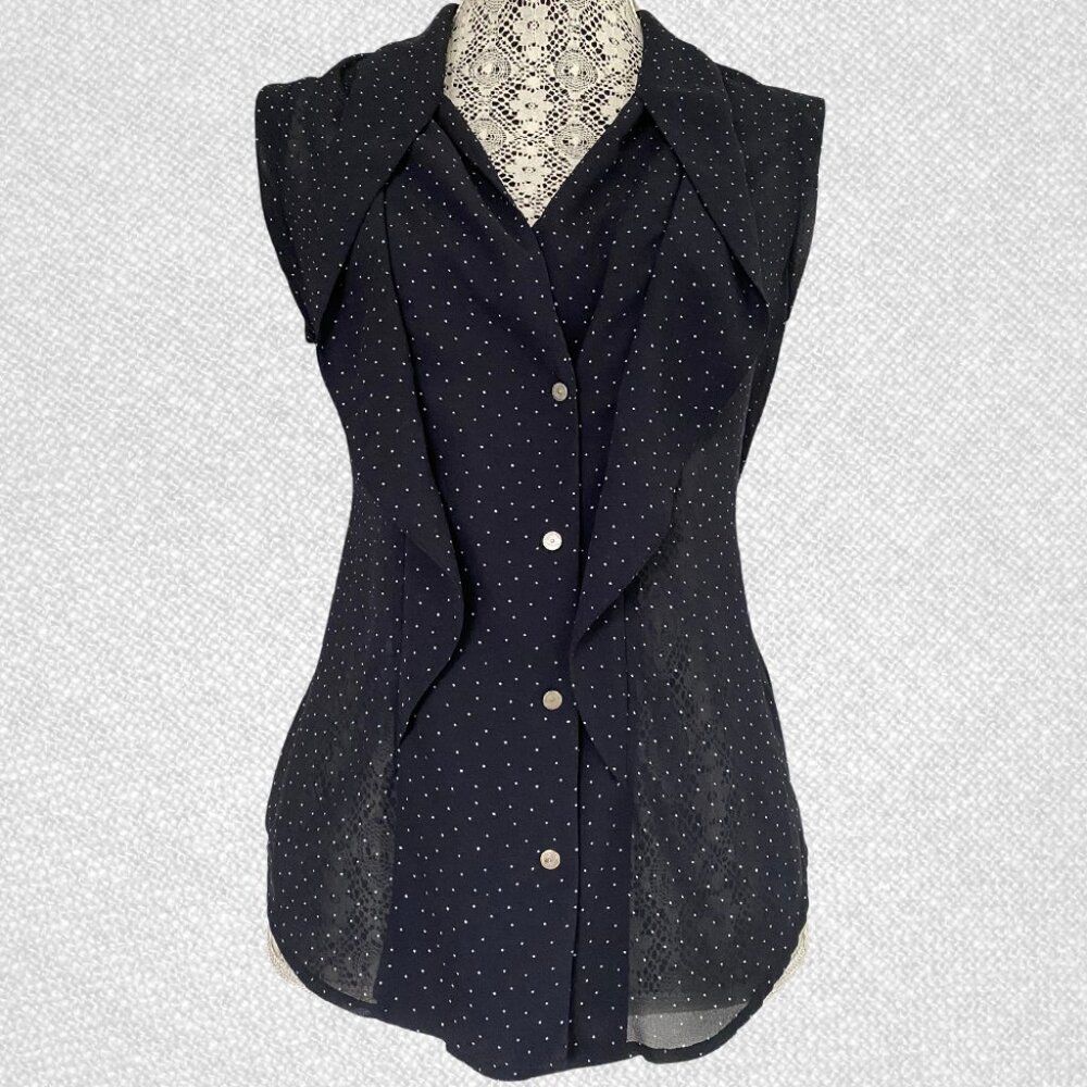 Navy Blue White Polka Dot Buttoned Sleeveless Blouse with Back Tie Size XS Forev